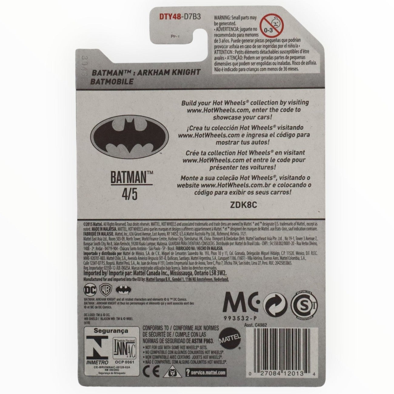 Batman Arkham Knight batmobile Hot Wheels arrière de l’emballage