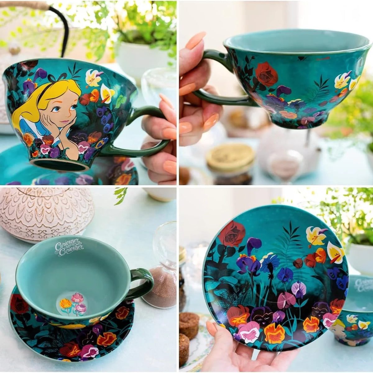 Tasse à thé avec soucoupe de Alice au pays des merveilles de Disney vue de tous les angles
