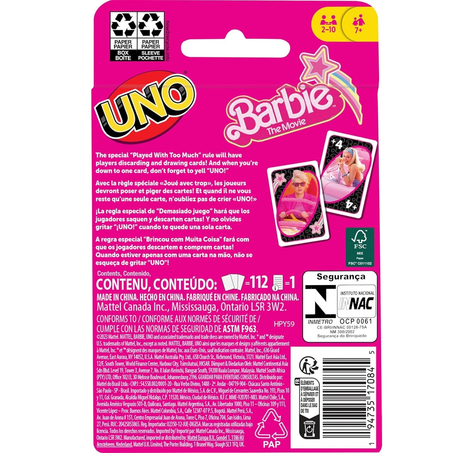 Jeu de cartes Uno Barbie arrière de la boite