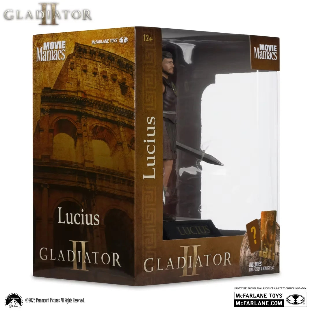 Galdiator 2, figurine Movie Maniacs de Lucius vue de la boite de 3/4