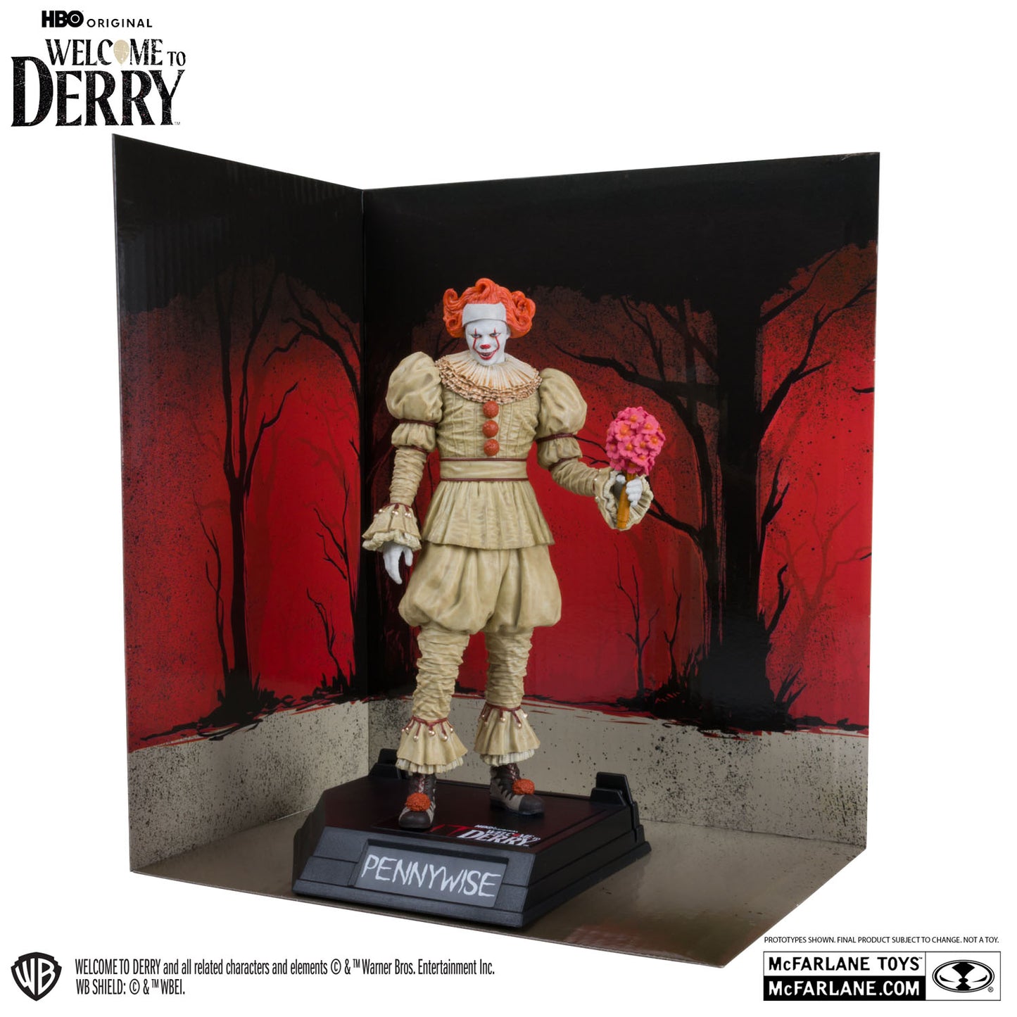It, Welcome to Derry, figurine Pennywise Gold Label Movie Maniacs McFarlane avec le décor