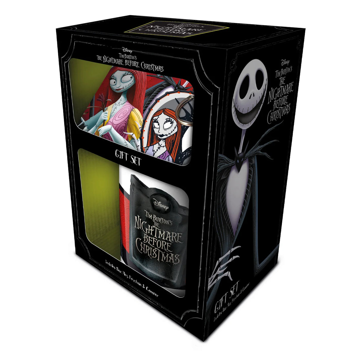 Ensemble cadeau de Nightmare Before Christmas avec une tasse, un sous-verre et un porte-clés vue dans la boite