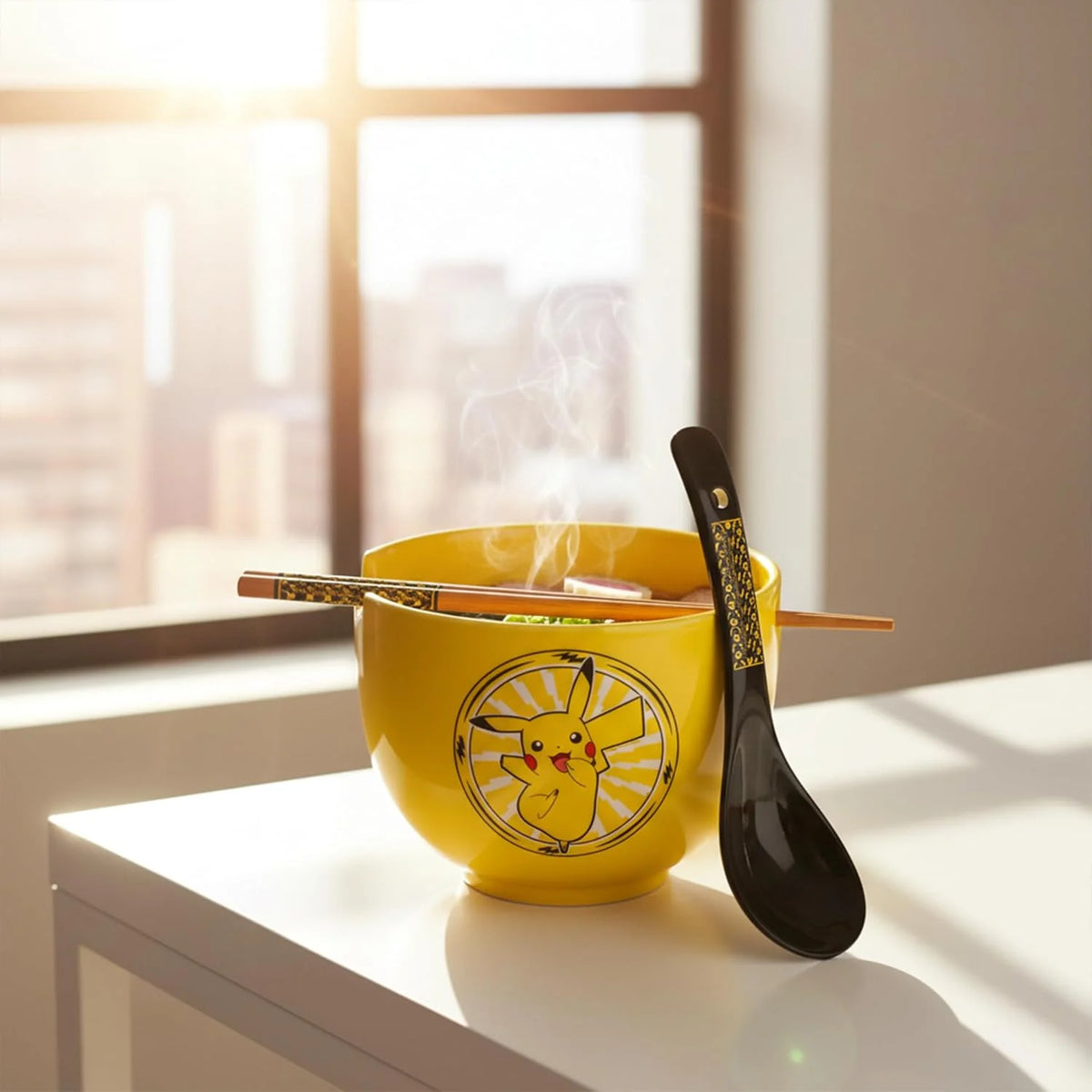 Pokémon, bol à ramen avec baguettes et cuillère Pikachu vu avec les ramen